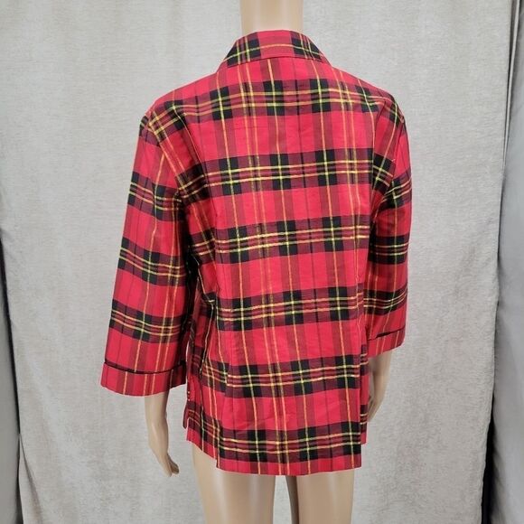 ROBBIE Bee Women's Vintage Silk Tartan Button Down Blouse Red Plaid Christmas - Picture 7 of 11